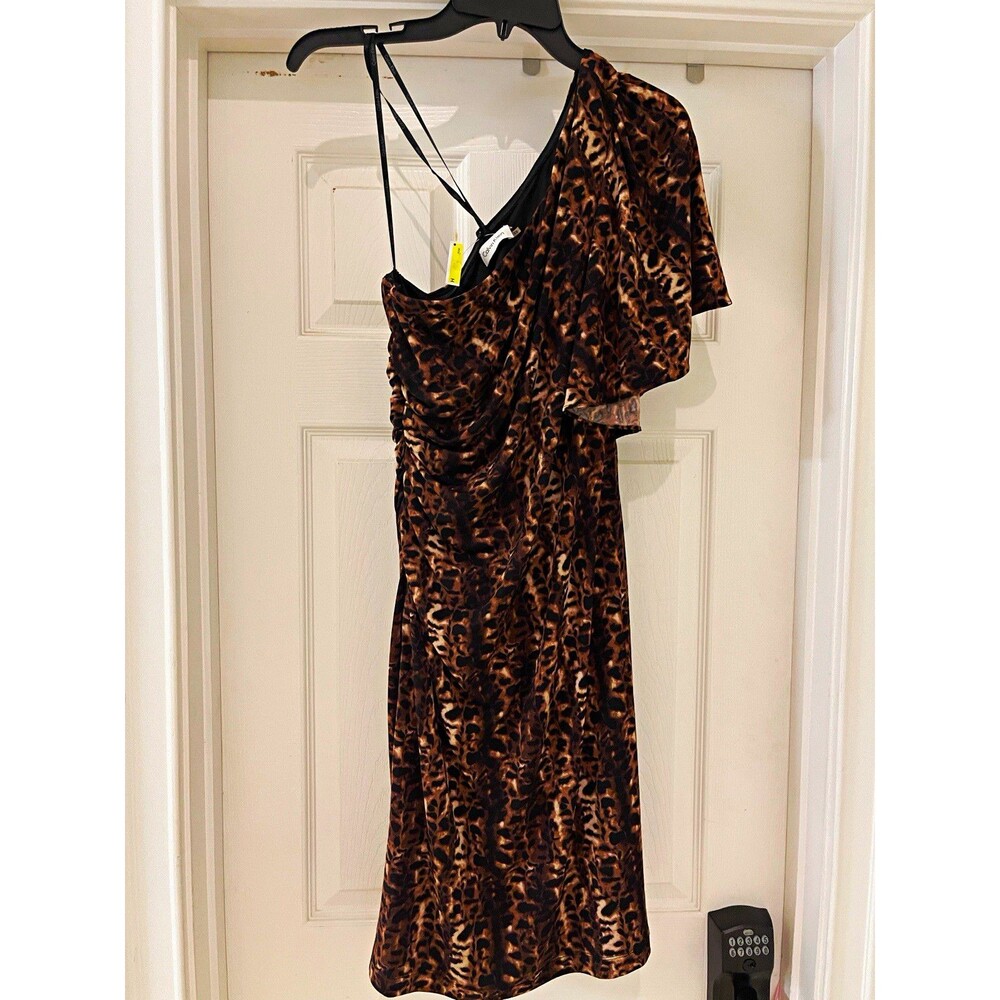 Calvin Klein Women’s Leopard One Shoulder Lined Midi Pencil Dress 10
